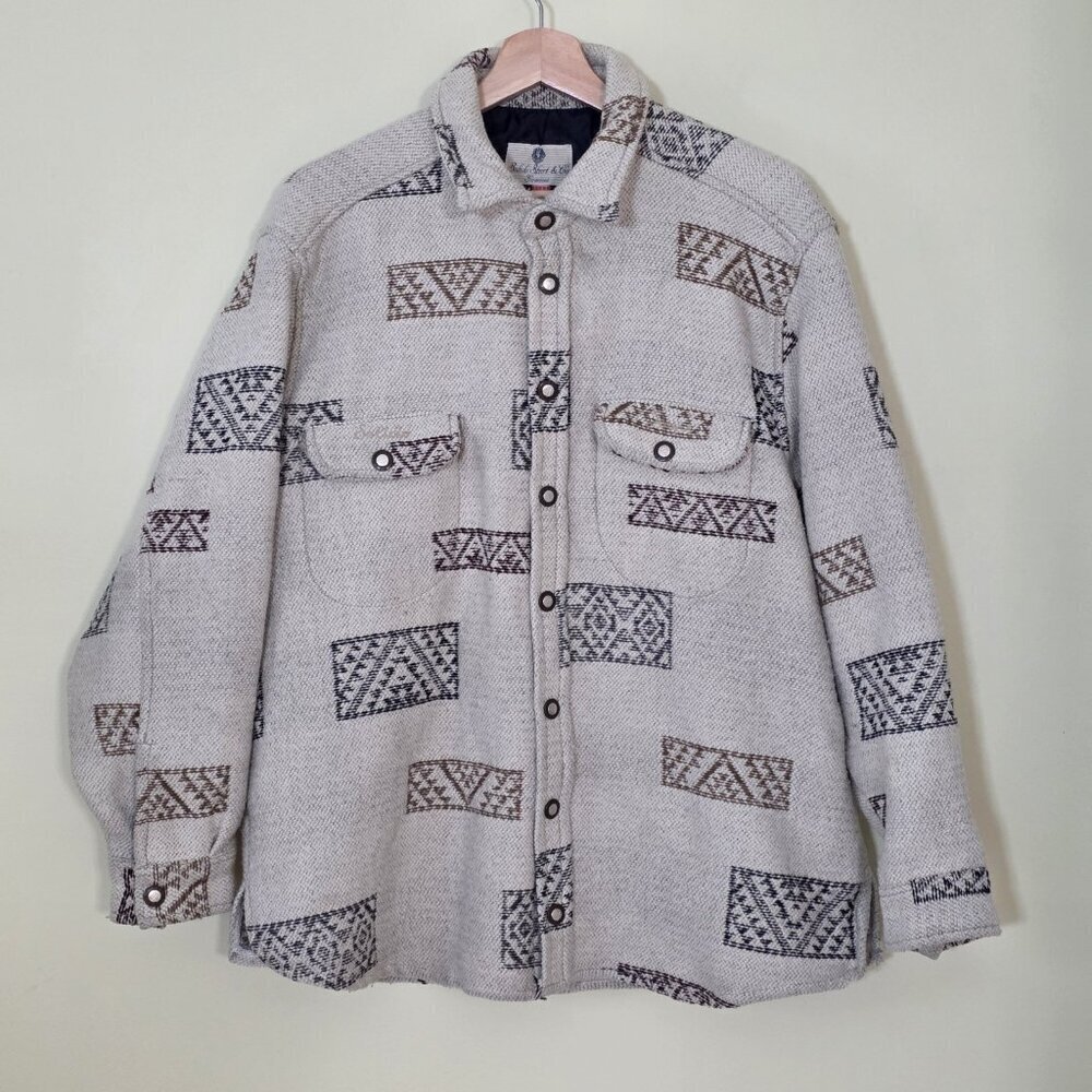 Vtg Overshirt Aztec Print Shacket Mens L Beige Navajo Ranch Outdoor Cowboy FLAW